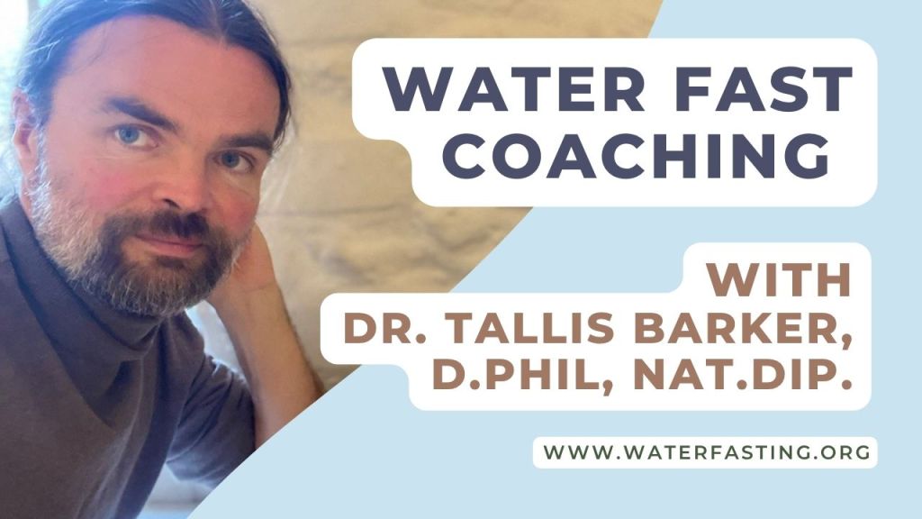 Portrait of Dr. Tallis Barker promoting water fasting coaching, with website URL www.waterfasting.org.